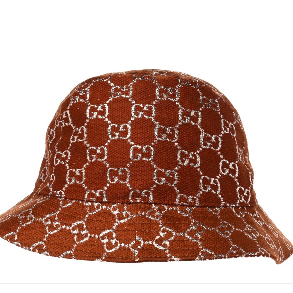 Gucci Canvas Lame GG Monogram Bucket Hat S Burnt Orange Silver